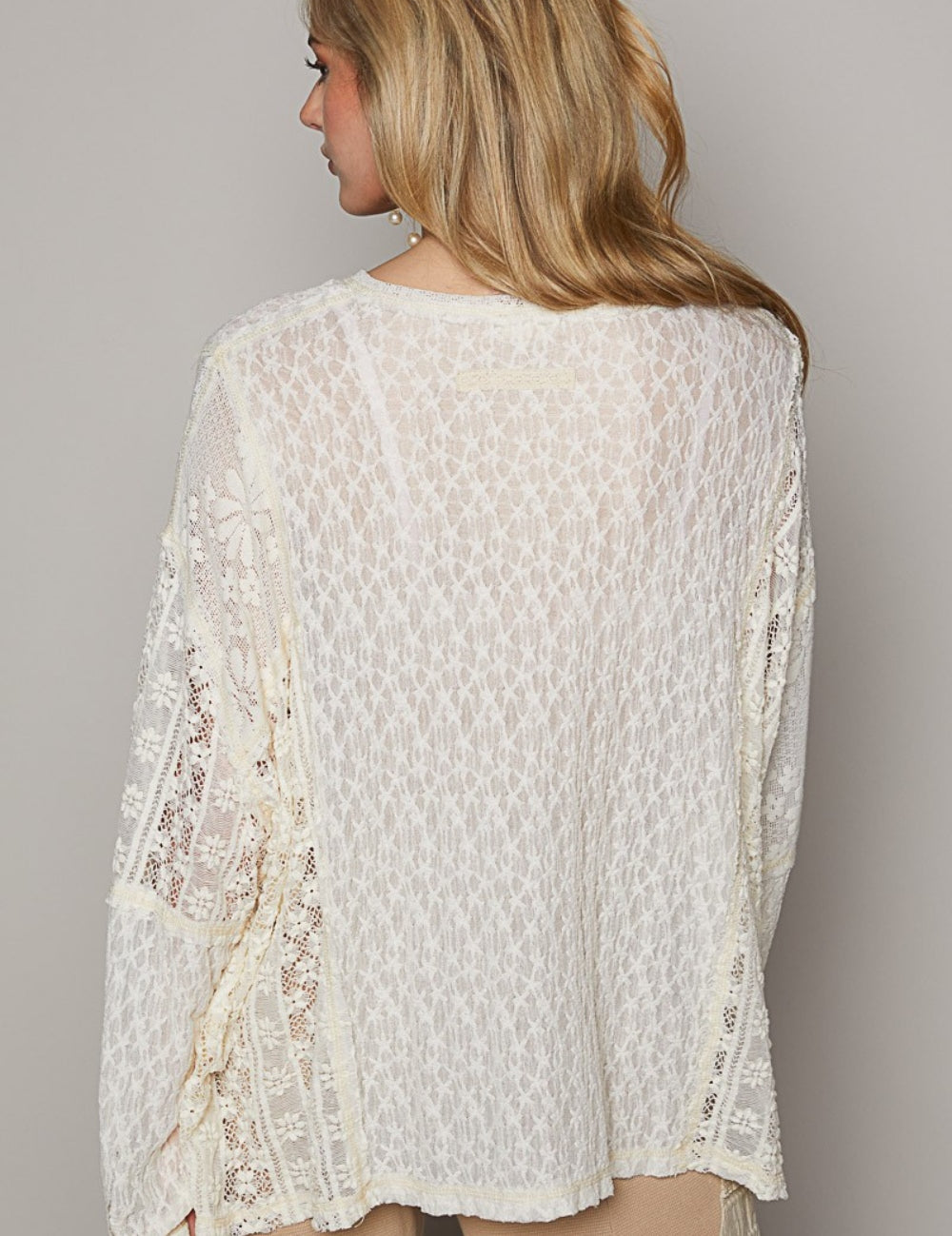 POL Round Neck Long Sleeve Raw Edge Lace Top