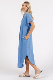 Mittoshop Mineral Wash V Neck Button Up Midi Shirt Dress