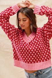 SO ME Color Block Textured Christmas Sweater V Neck Top | Sweaters Daverri Fashions