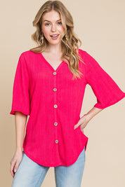 BOMBOM Texture Decorative Button V-Neck Top | Tops Daverri Fashions