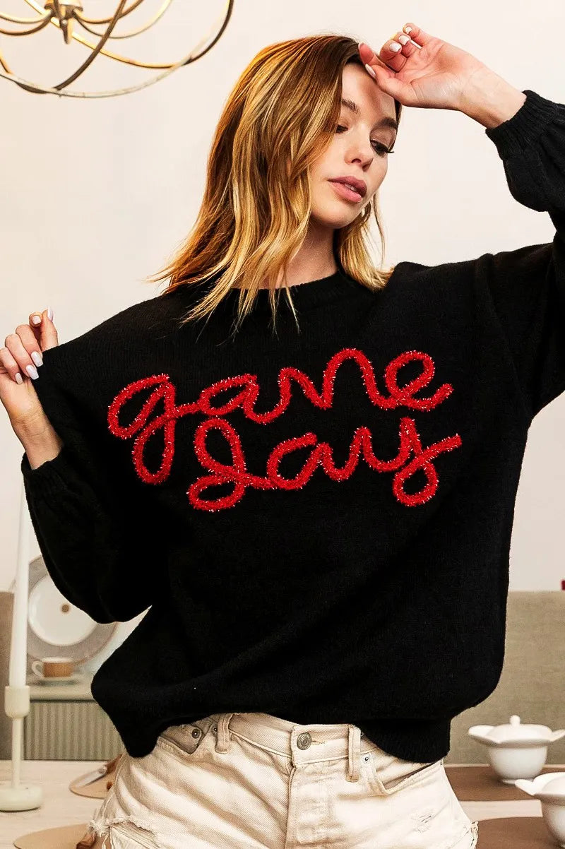 BiBi Game Day Metallic Letter Sweater | Daverri Fashions