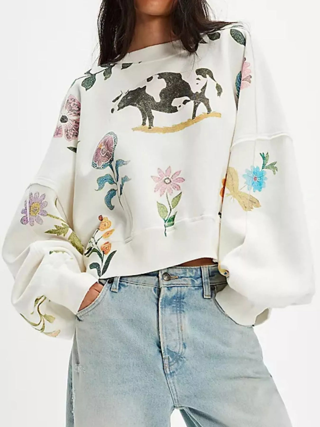 Printed Round Neck Dropped Shoulder Sweatshirt | Sweatshirts Daverri Fashions