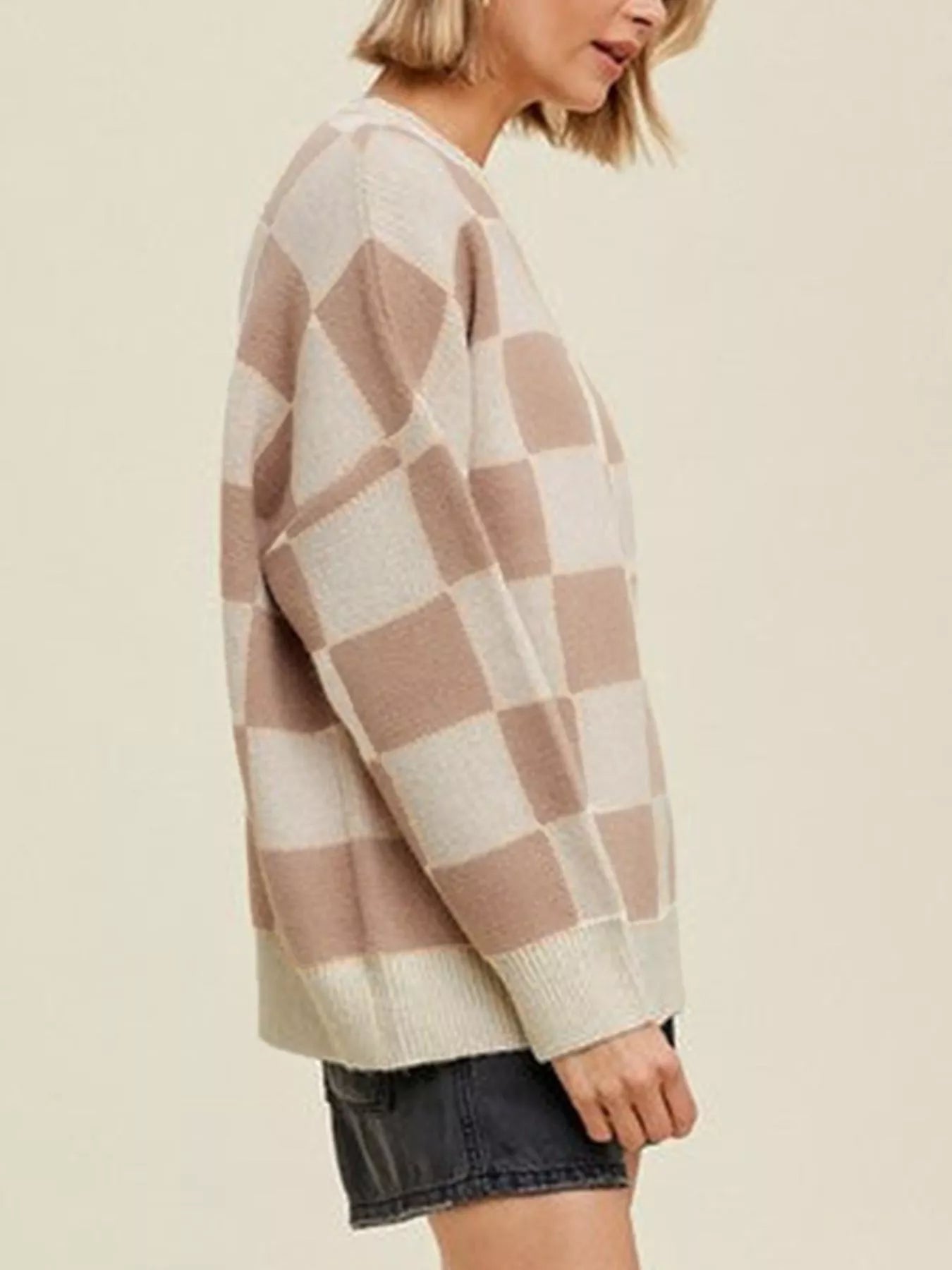 Cozy Daverri checkered ribbed trim knit baggy sweater in beige cream