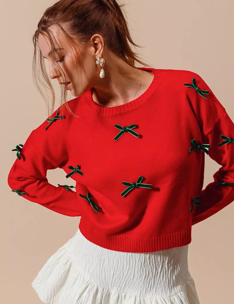 RED HUNTER SO ME Ribbon Bow Applique Sweater | Sweaters Daverri Fashions