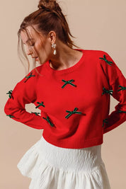 RED HUNTER SO ME Ribbon Bow Applique Sweater | Sweaters Daverri Fashions