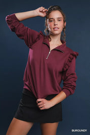 BURGUNDY Umgee Luxeknit Ruffle Shoulder Quarter-Zip Sweatshirt | Sweatshirts Daverri Fashions