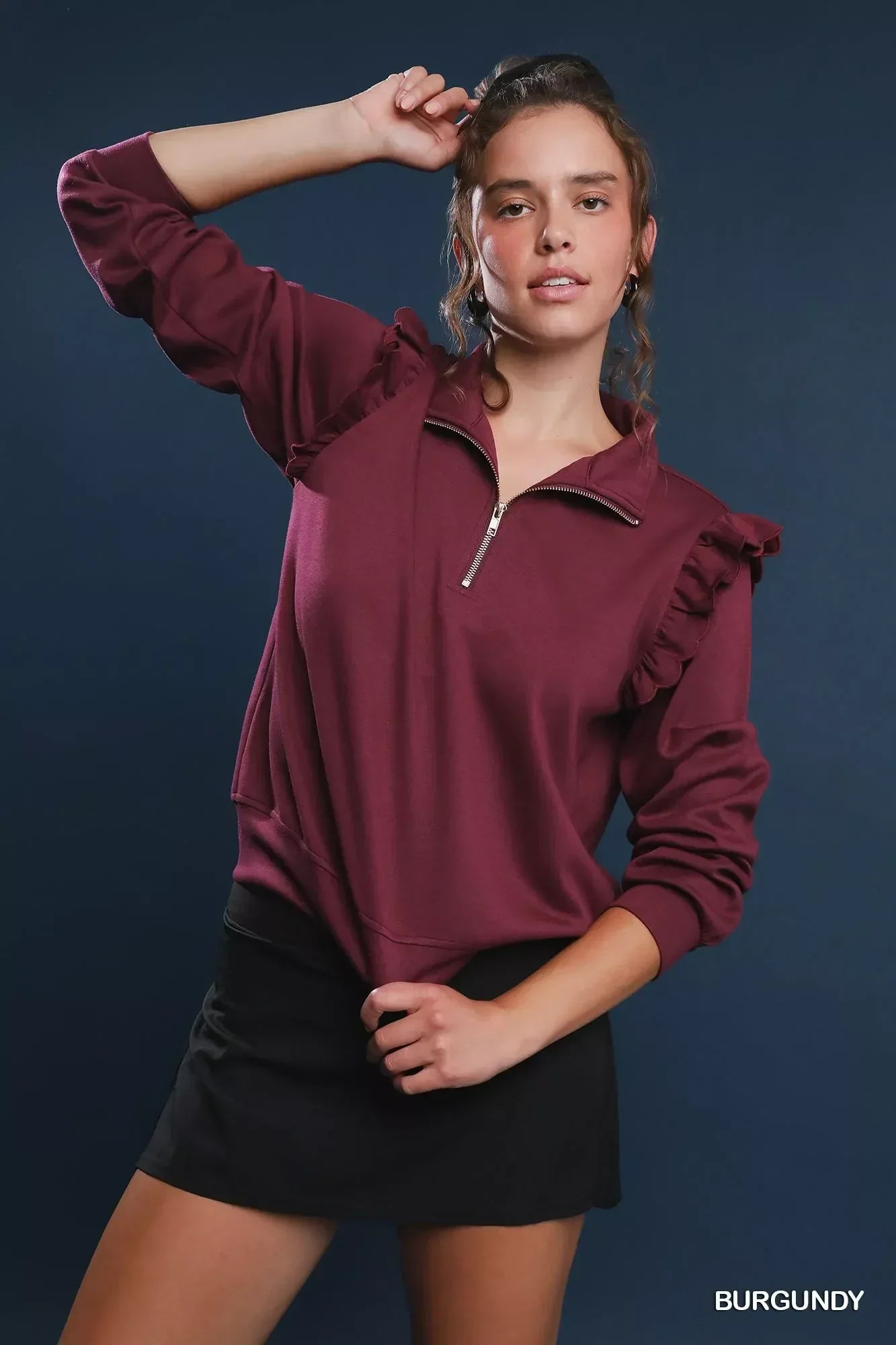 Umgee Luxeknit Ruffle Shoulder Quarter-Zip Sweatshirt - DAVERRI FASHIONS