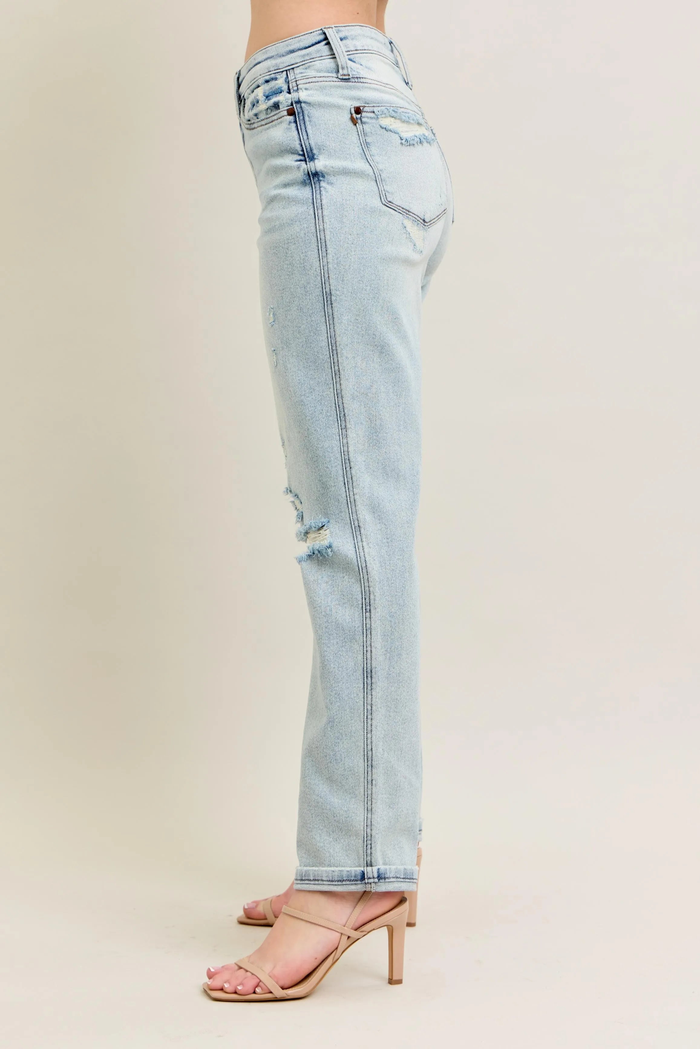 Judy Blue Full Size Mr Repair Stitch Detail Destroy Single Cuff Bf Jeans Plus Size | Jeans Daverri Fashions