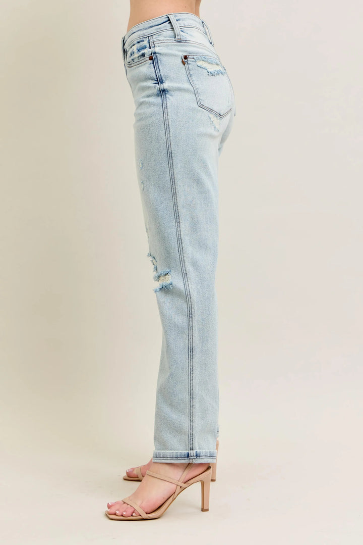 Judy Blue Full Size Mr Repair Stitch Detail Destroy Single Cuff Bf Jeans Plus Size | Jeans Daverri Fashions