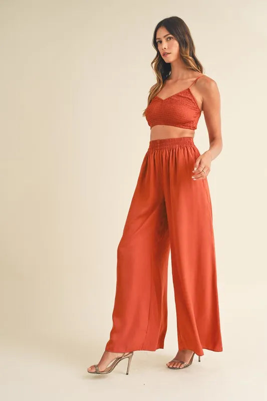 MABLE Smocked Bralette Crop Top and Wide Leg Pants Set
