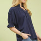 Umgee navy blue linen scalloped ruffle neck blouse with puff sleeves