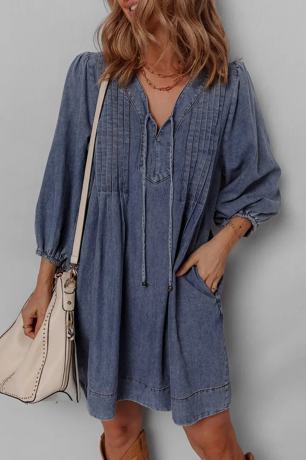 Tie Neck Long Sleeve Mini Denim Dress - DAVERRI FASHIONS