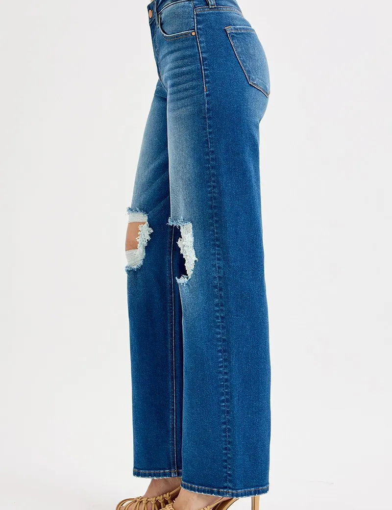 RISEN Full Size Mid Waist Fit Boyfriend Knee Distressed Jeans | Jeans Daverri Fashions