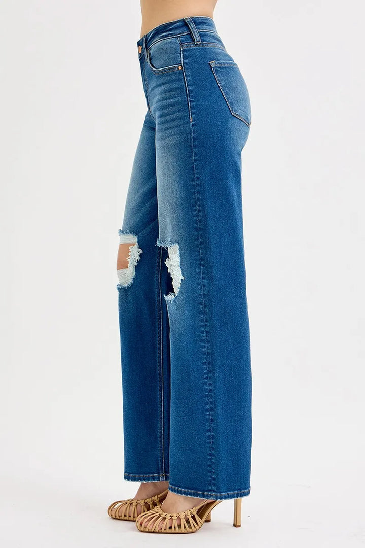 RISEN Full Size Mid Waist Fit Boyfriend Knee Distressed Jeans Jeans