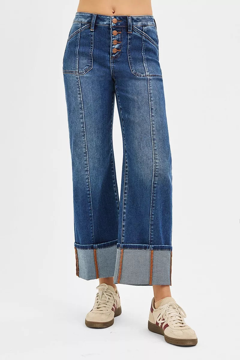 RISEN Full Size High Rise Crop Wide Straight Cuffed Jeans Plus Size | Jeans Daverri Fashions