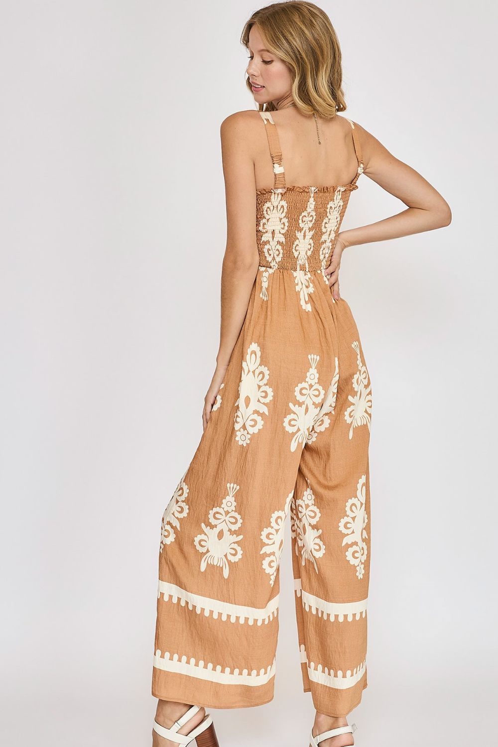 Umgee Full Size Smocked Printed Wide Leg Jumpsuit Plus Size Jumpsuits