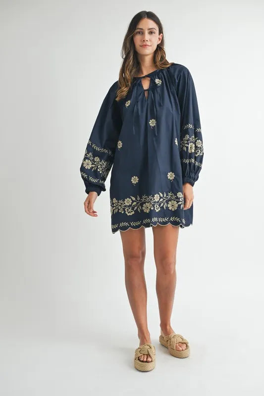 MABLE Embroidered Long Sleeve Peasant Mini Dress Mini Dresses
