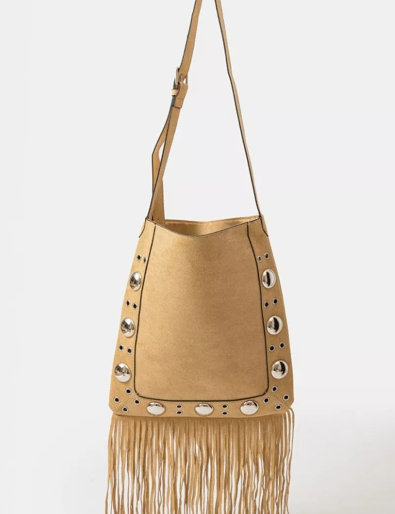TP one size Faux Suede Grommet Accent Fringe Tote Bag Taupe | Daverri Fashions