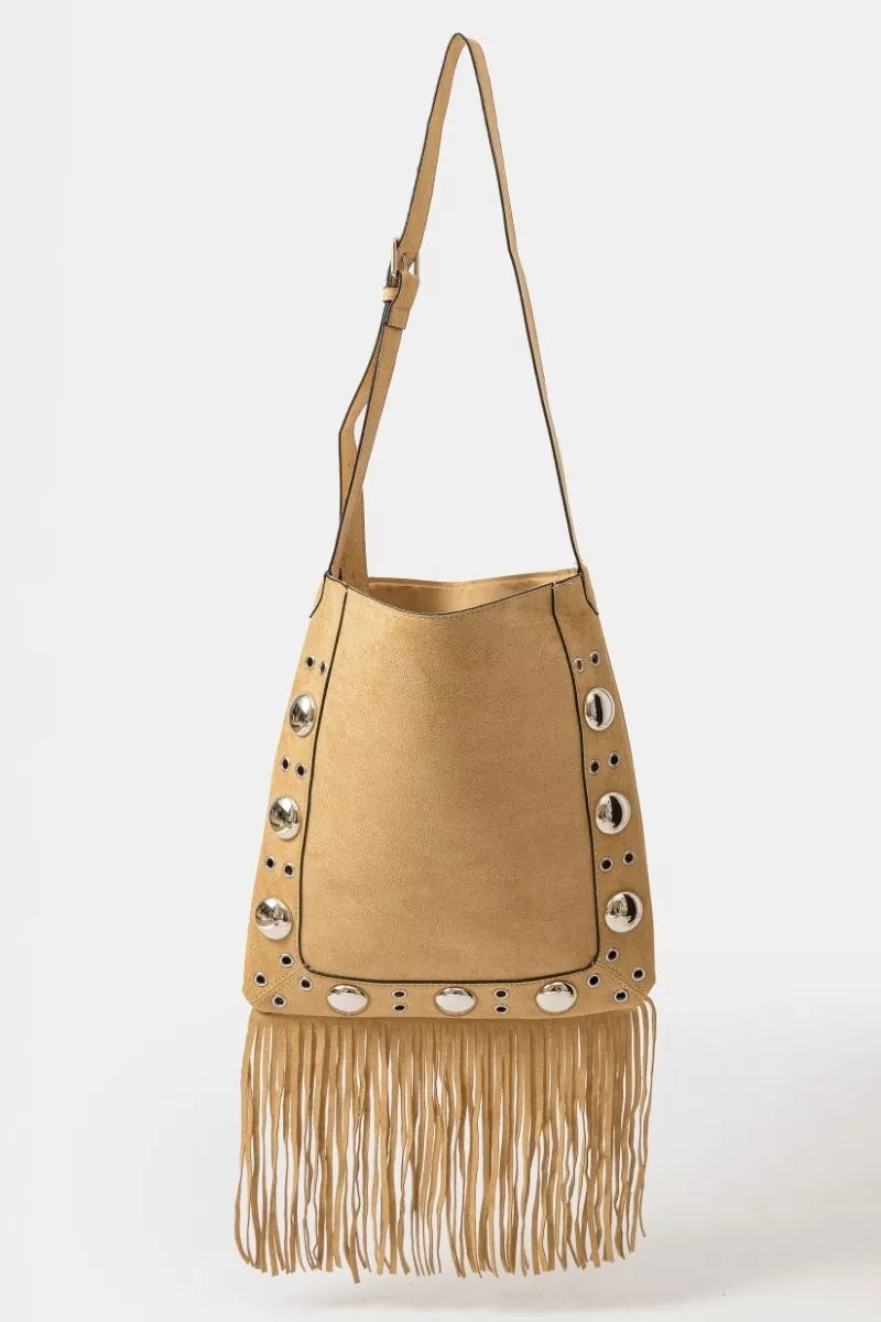 TP one size Faux Suede Grommet Accent Fringe Tote Bag Taupe | Daverri Fashions