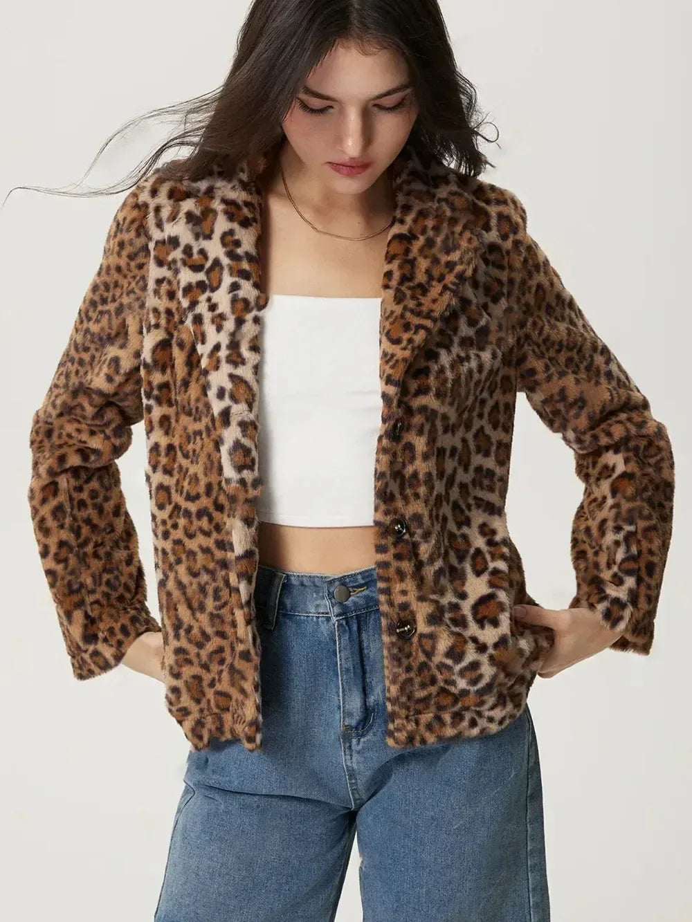 Fuzzy Leopard Collared Neck Jacket - DAVERRI FASHIONS