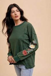 Olive green floral embroidered Annie Wear long sleeve sweatshirt