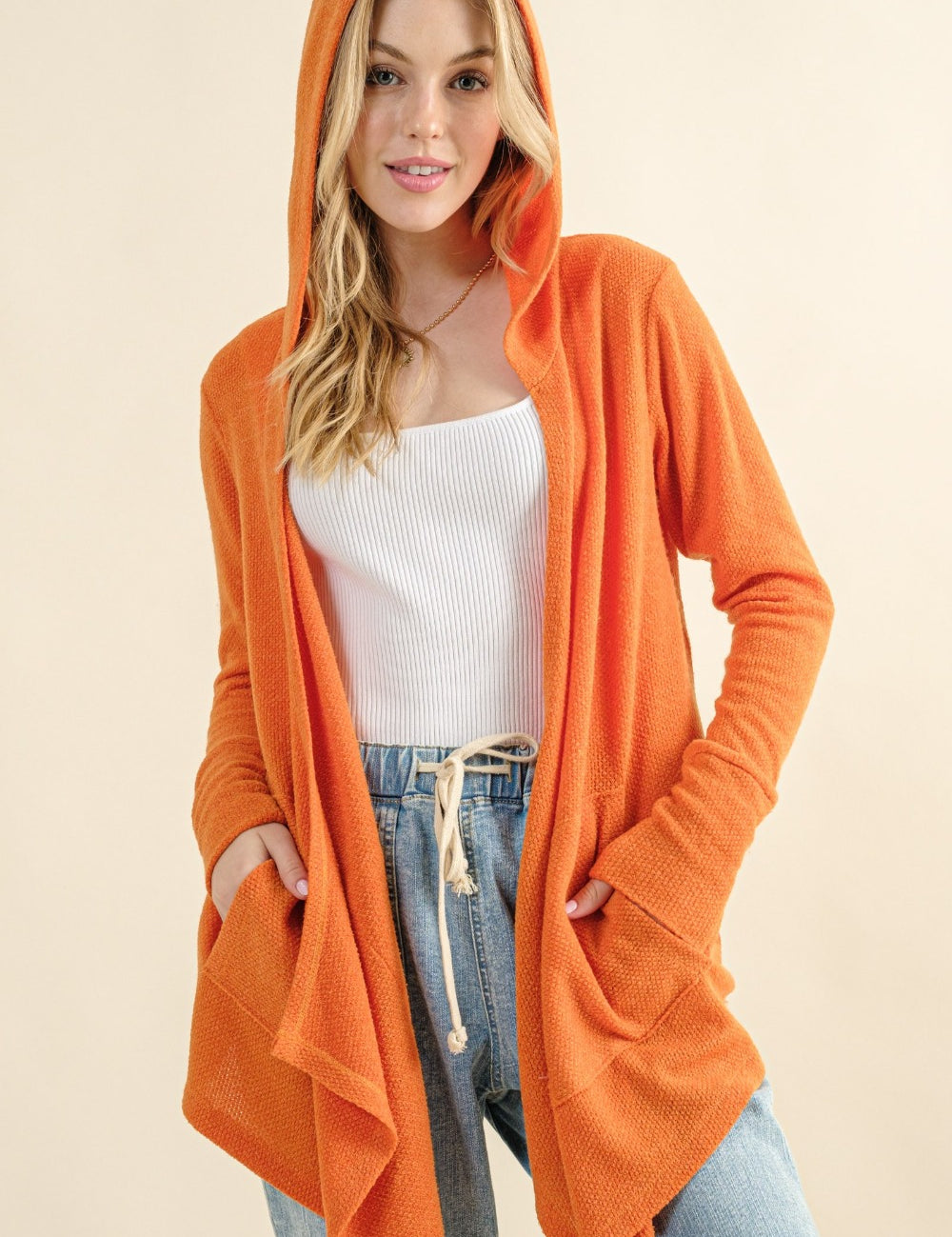 Thermal Hooded Open Front Cardigan Dusty Coral Tops