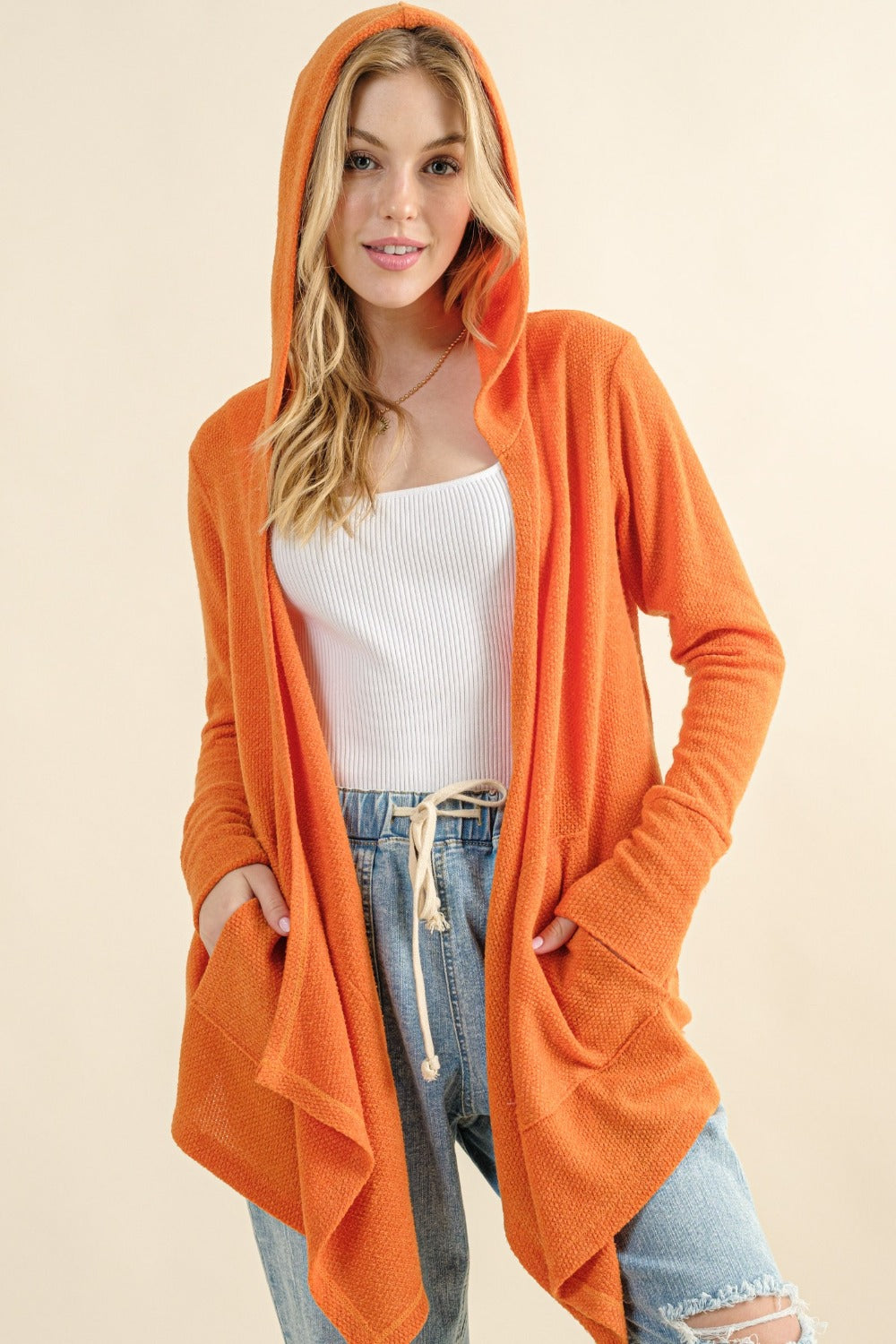 And The Why Full Size Thermal Hooded Open Front Cardigan with Pockets Dusty Coral Cardigans