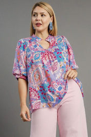 Umgee Full Size Mixed Print Notched Puff Sleeve Blouse Plus Size