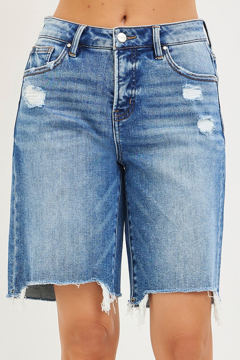 RISEN Tummy Control Slouchy Bermuda Shorts in blue denim with distressed patches and frayed hem
