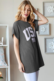 Heimish Full Size USA Graphic Short Sleeve Ribbed Top | Tops Daverri Fashions