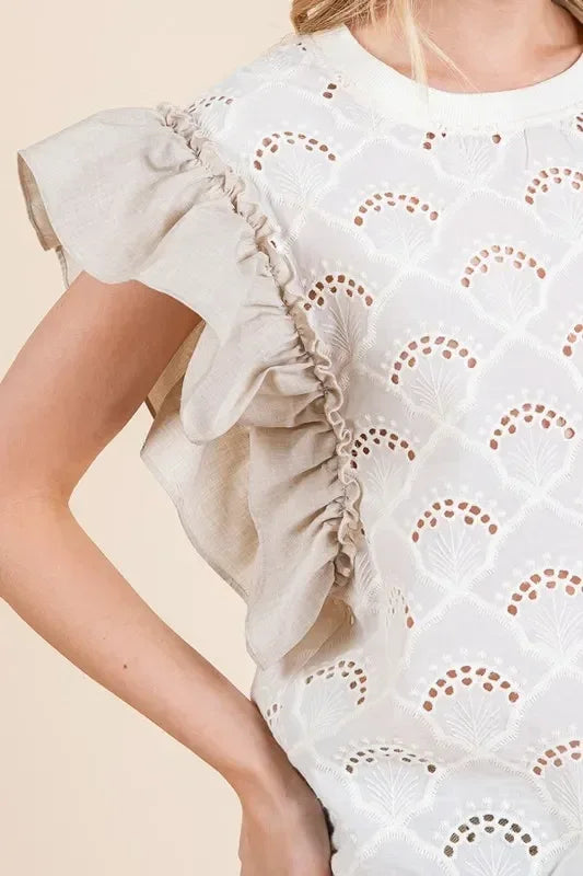 Lime 'N' Chili Ruffle Cap Sleeve Embroidered Eyelet Blouse - DAVERRI FASHIONS