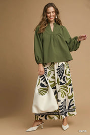 Umgee Textured Notched Blouse with Balloon Sleeves Olive | Blouses Daverri Fashions