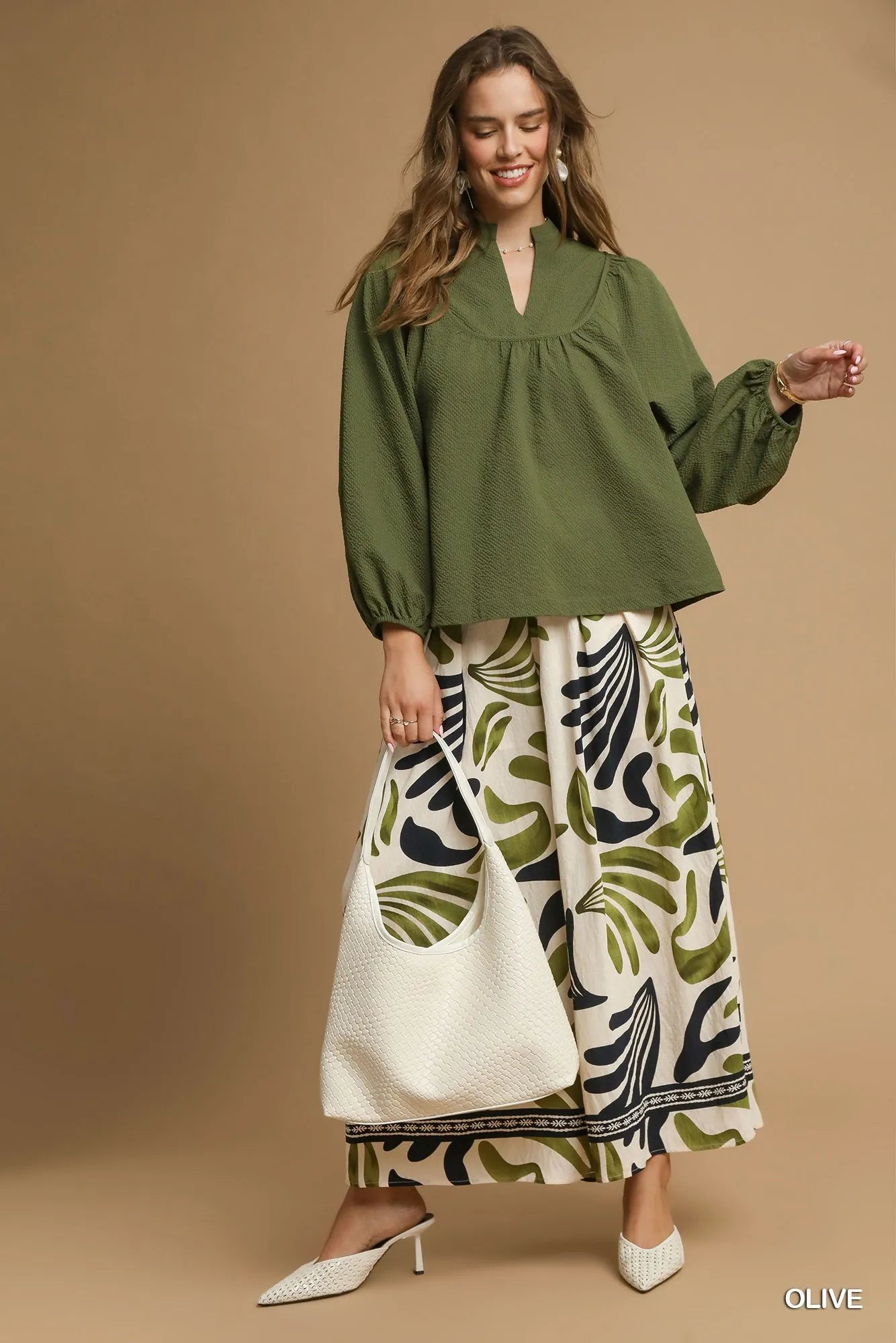 Umgee Textured Notched Blouse with Balloon Sleeves