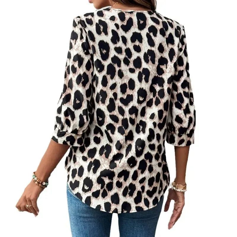 Leopard Print 3/4 Sleeve Blouse - DAVERRI FASHIONS