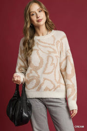 Cream Umgee Heart Print Crew Neck Sweater | Sweaters Daverri Fashions