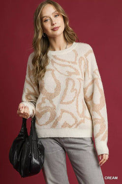 Umgee Heart Print Crew Neck Sweater - DAVERRI FASHIONS