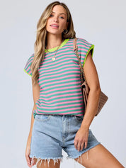 Contrast Round Neck Cap Sleeve Sweater | Sweaters Daverri Fashions