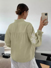 Daverri Fashions Embroidered Notched Long Sleeve Blouse - DAVERRI FASHIONS