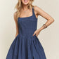 ADORA smocked back square neck blue denim sundress with pleated skirt