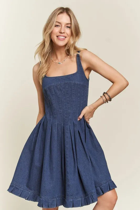 ADORA smocked back square neck blue denim sundress with pleated skirt