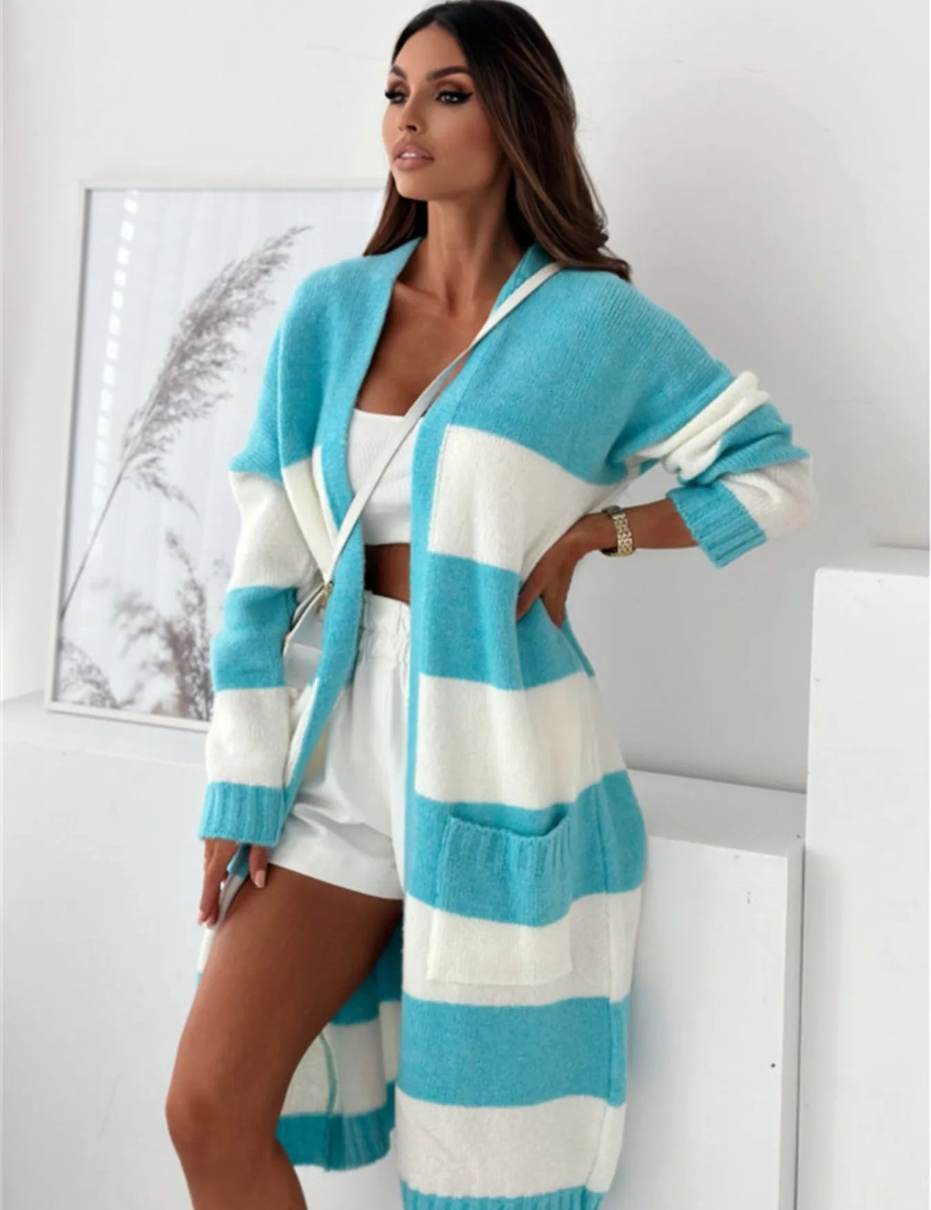 Light Blue Color Block Open Front Cardigan | Cardigans Daverri Fashions