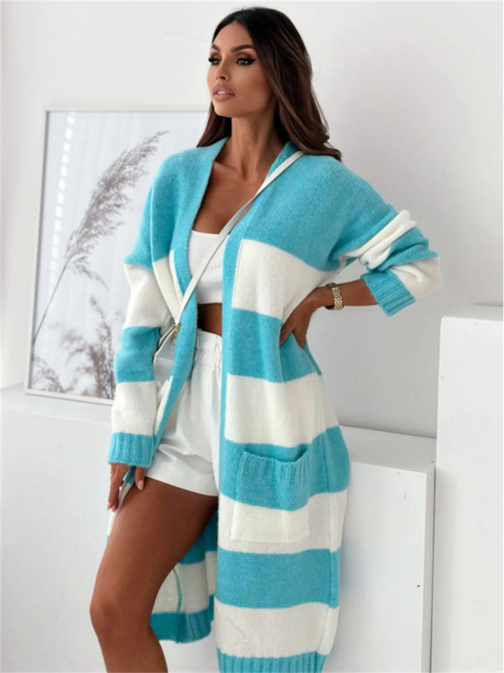 Light Blue Color Block Open Front Cardigan | Cardigans Daverri Fashions