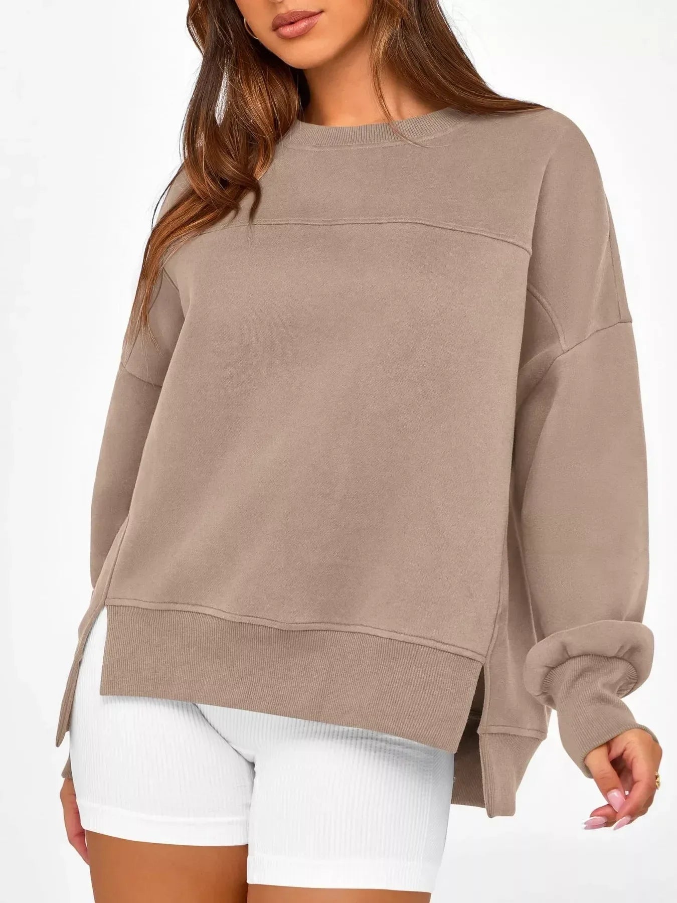 Slit Round Neck Dropped Shoulder Sweatshirt - DAVERRI FASHIONS