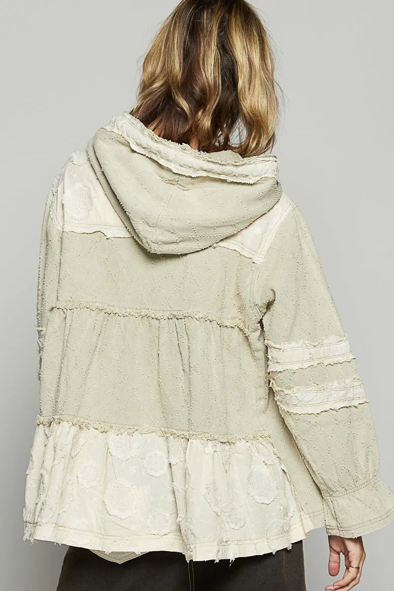 POL Raw Hem Color Block Hooded Jacket Jackets