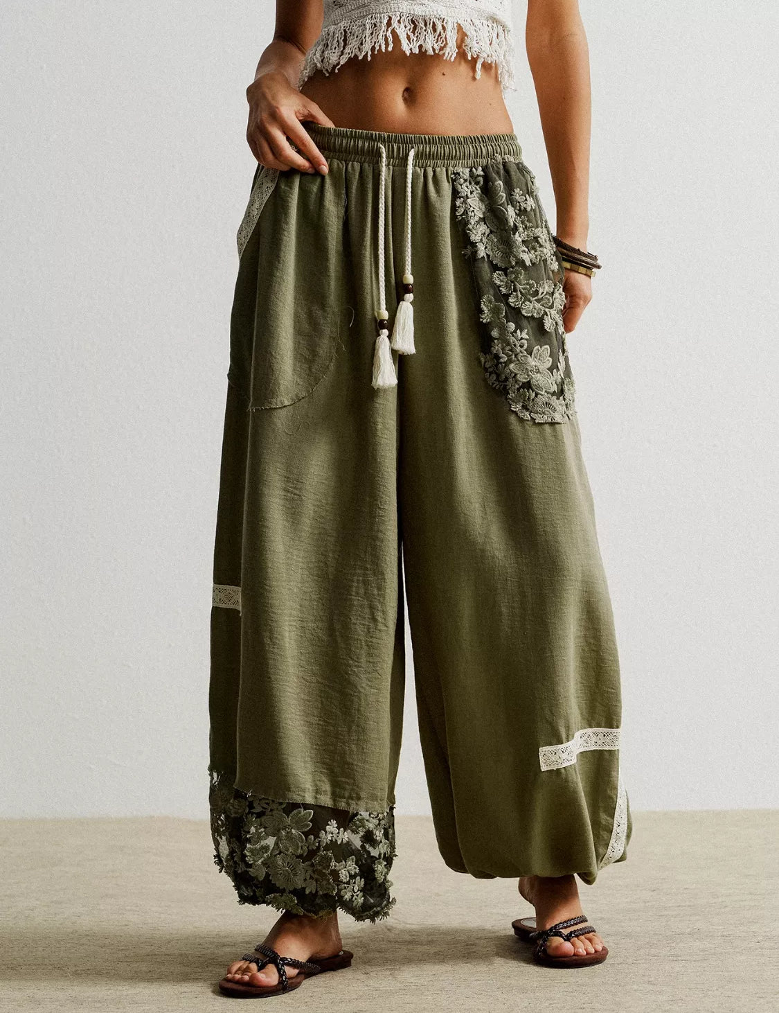 Lace Detail Drawstring Harem Pants | Loungewear Bottoms Daverri Fashions