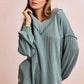 Sage green ribbed knit hoodie in BiBi two-tone cord rib V-neck set
