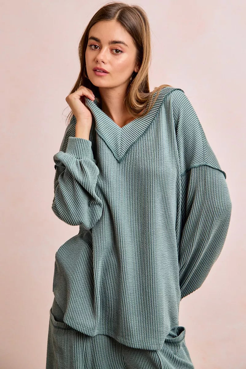 Sage green ribbed knit hoodie in BiBi two-tone cord rib V-neck set