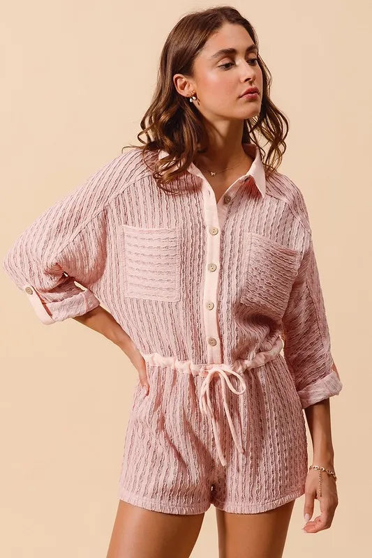 SO ME Textured Knit Button Front Romper Rompers