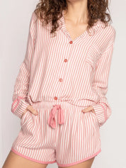 Pale Blush Striped Collared Neck Long Sleeve Top and Shorts Lounge Set | Loungewear Sets Daverri Fashions