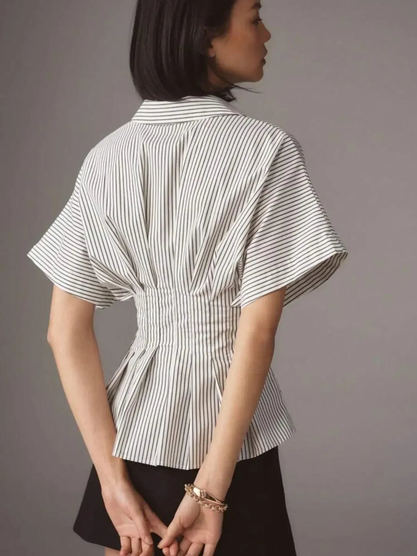 Striped Short Sleeve Button-Up Shirt - DAVERRI FASHIONS